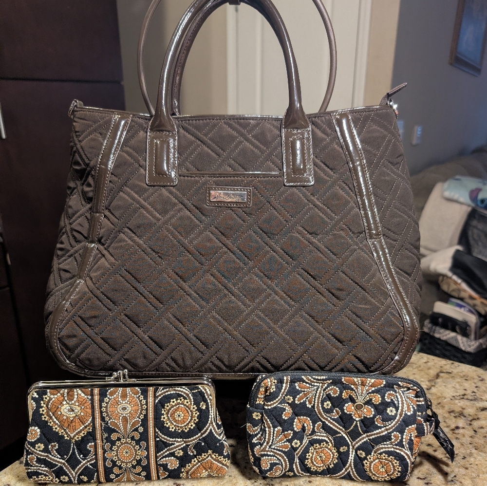Vera Bradley Brown Quilted Handbag With Wallet And Pouch Bundle